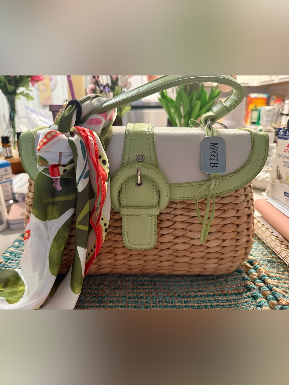 🌷NEW🌷Woven Straw Satchel with Green Trim and Floral Scarf (optional)